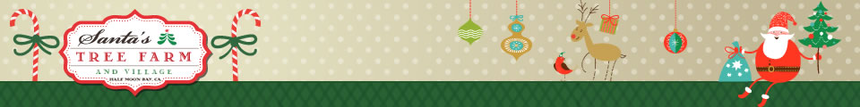 santa’s tree farm logo and illustration of santa and reindeer with candy canes