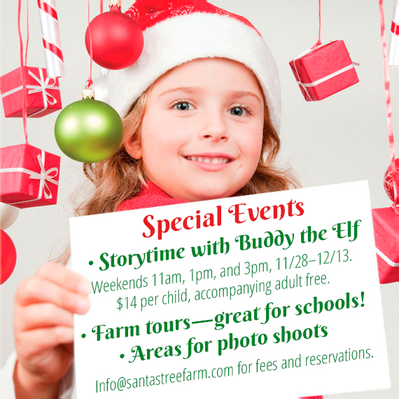 girl in santa hat holding a sign that says “Special Events: • Storytime with Buddy the Elf Weekends 11 am, 1pm, and 3pm, 11/28–12/13. $14 per child, accompanying adult free. • Farm tours—great for schools!• Areas for photo shoots. Info@santastreefarm.com for fees and reservations.